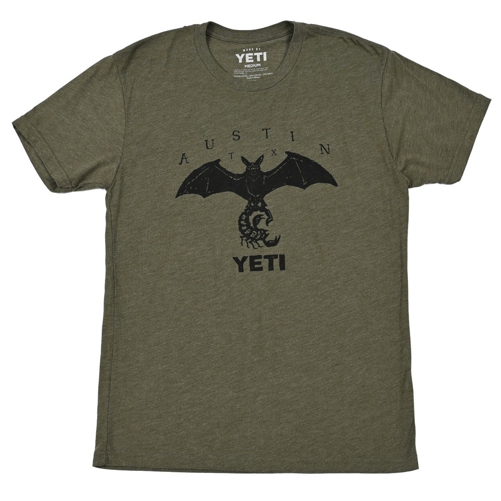 YETI Austin‎ TX Bat Scorpion Graphic T Shirt Heather Green Medium Lightweight